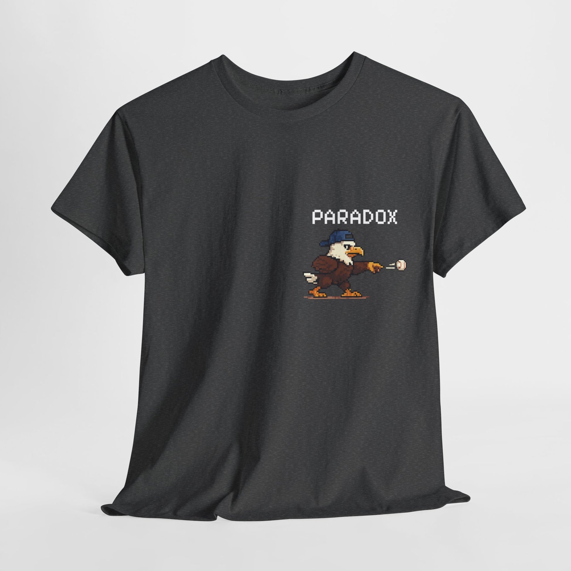 Gray t-shirt with a graphic pixel art of an eagle playing baseball