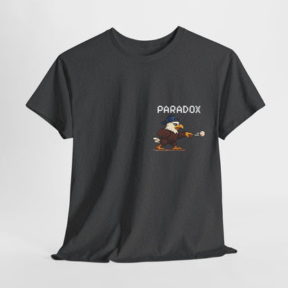 Gray t-shirt with a graphic pixel art of an eagle playing baseball