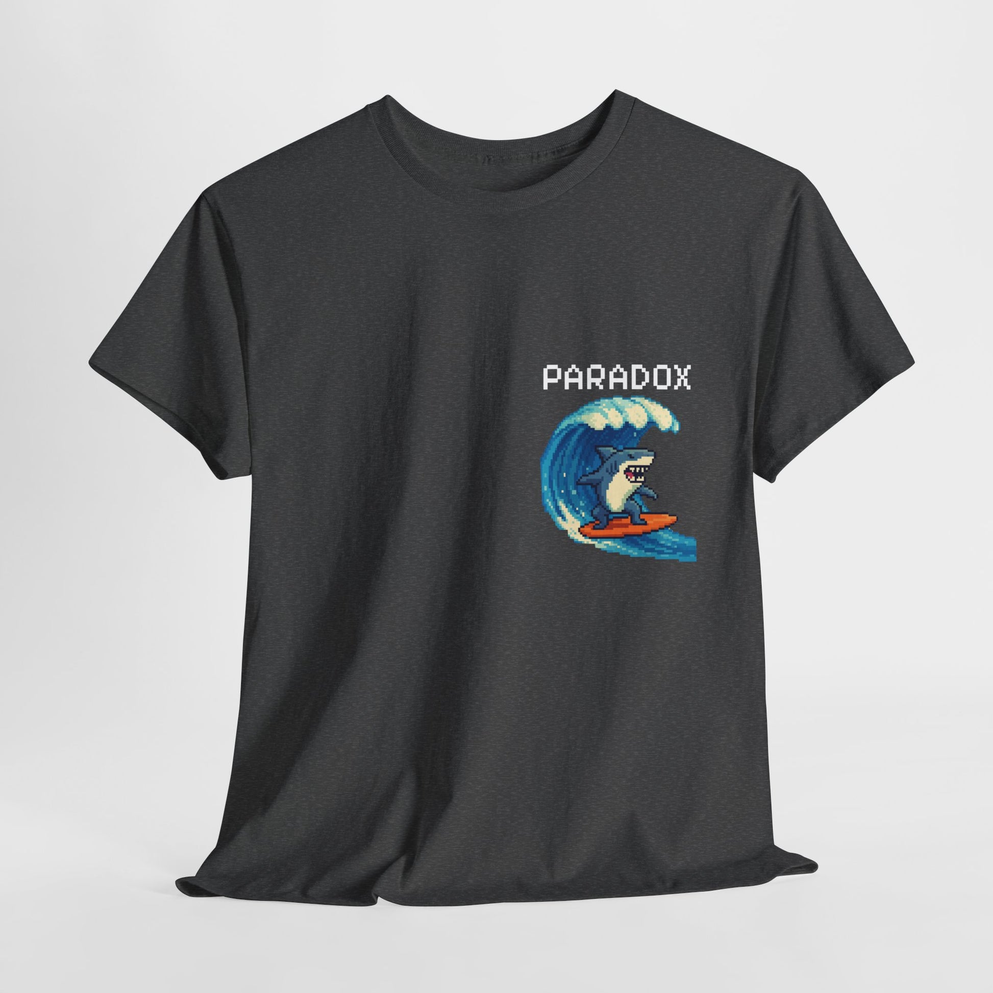 Gray t-shirt with a graphic pixel art of a shark surfing