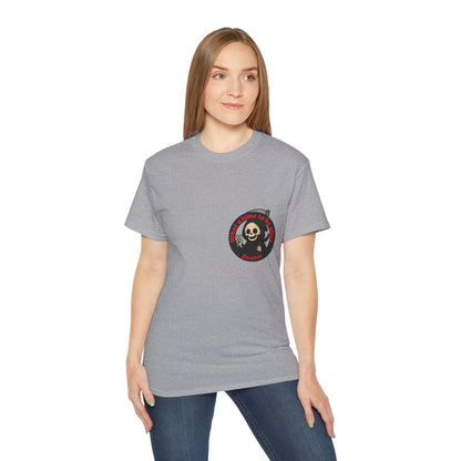 Gray t-shirt with a funny design of grim reaper and text What a time to be alive