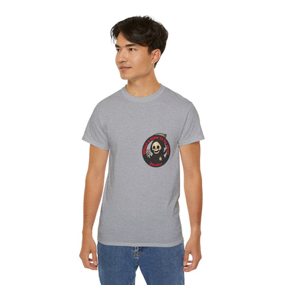 Person wearing a gray t-shirt with a graphic design on a white background