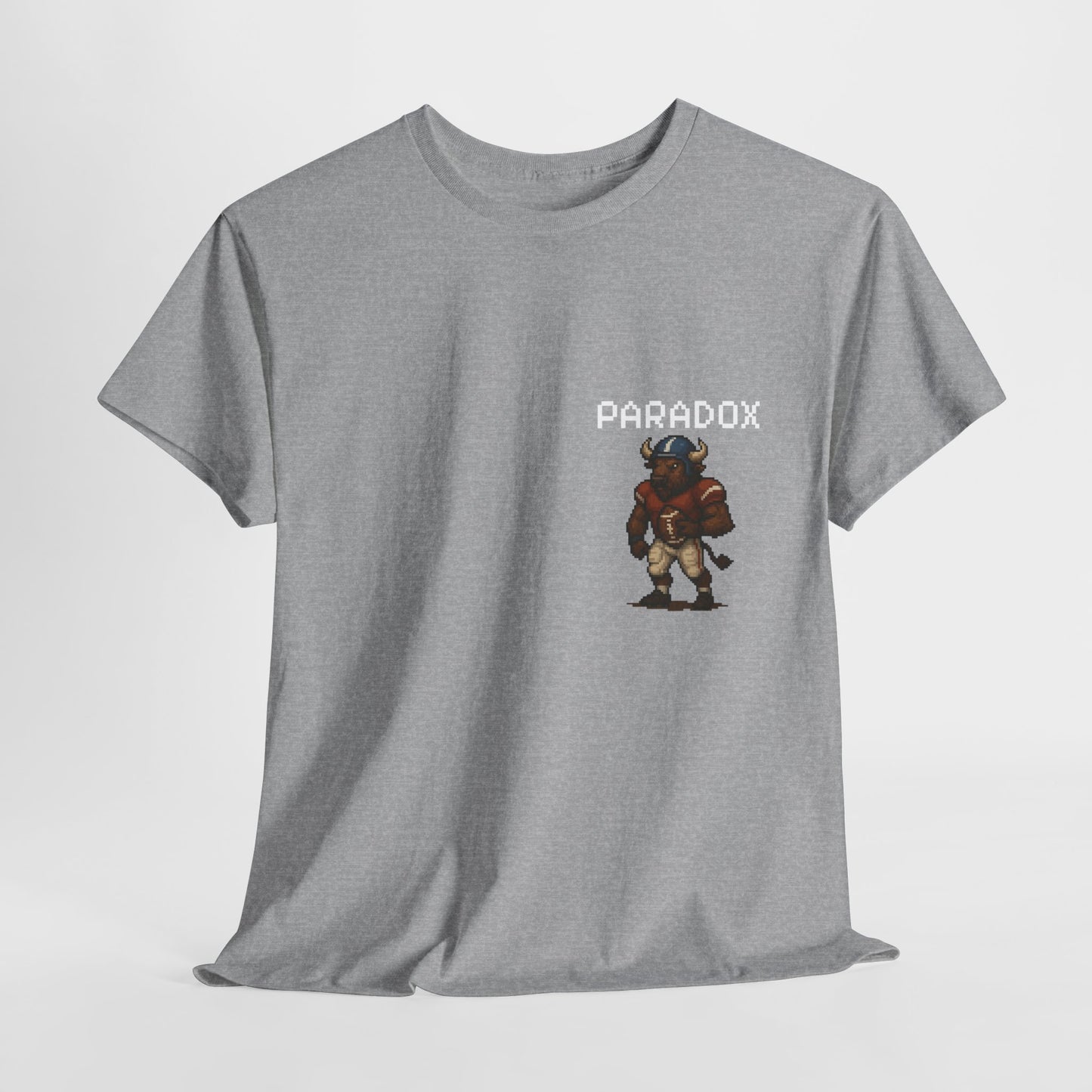 Gray t-shirt with a pixel graphic of a buffalo playing football NFL