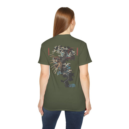 A green t-shirt with a graphic print of a dragon and Samurai design elements based on real art female model