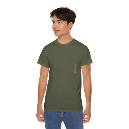A green t-shirt with a graphic print of a dragon and Samurai design elements based on real art male model.