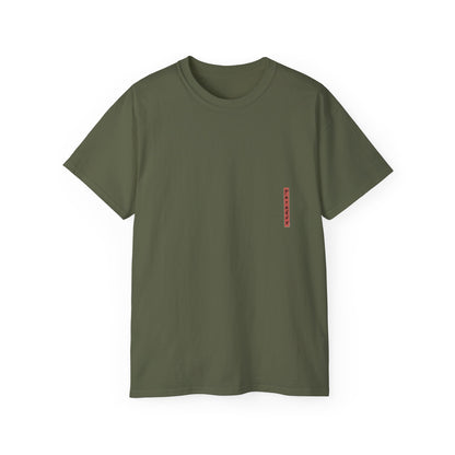 A green t-shirt with a graphic print of a dragon and Samurai design elements based on real art.