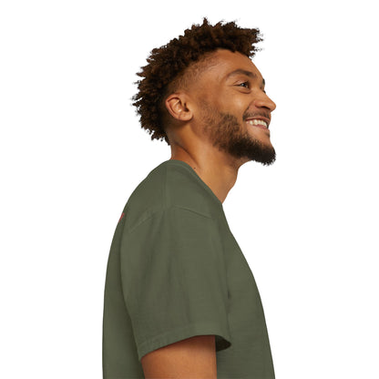 A green t-shirt with a graphic print of a dragon and Samurai design elements based on real art side male model.