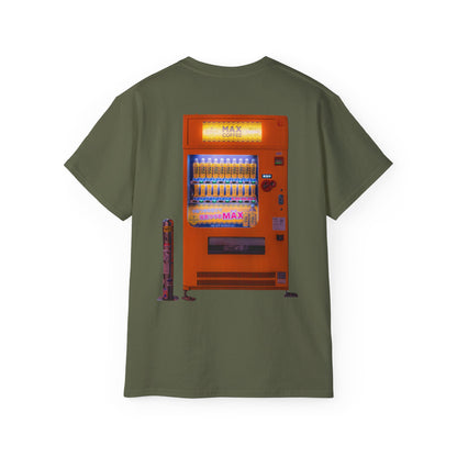 A green t-shirt featuring a graphic print of a vintage coffe vending machine.