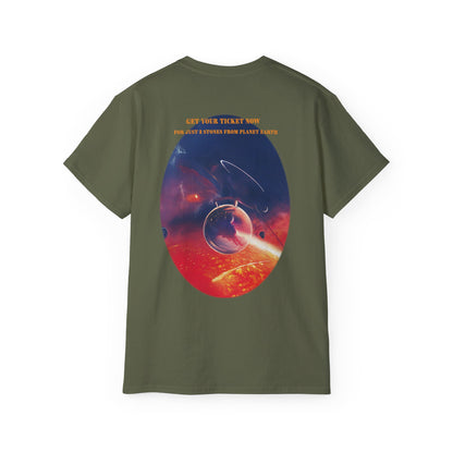 A green graphic t-shirt with the text Lava Ride and Paradox Airlines in stylized font, featuring a cosmic design.