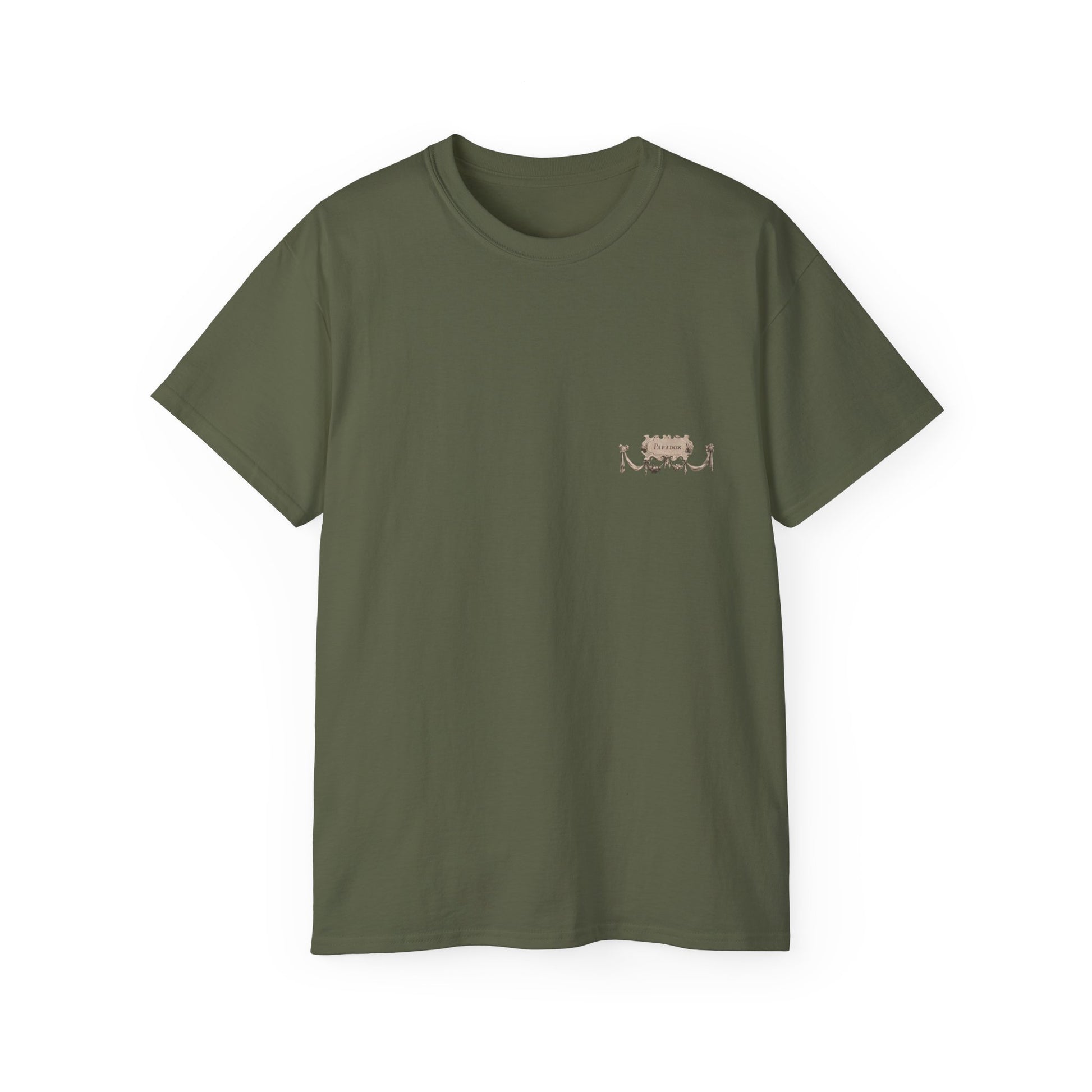 A green t-shirt featuring a graphic print of Saint Michael in in sculpture form in victory.