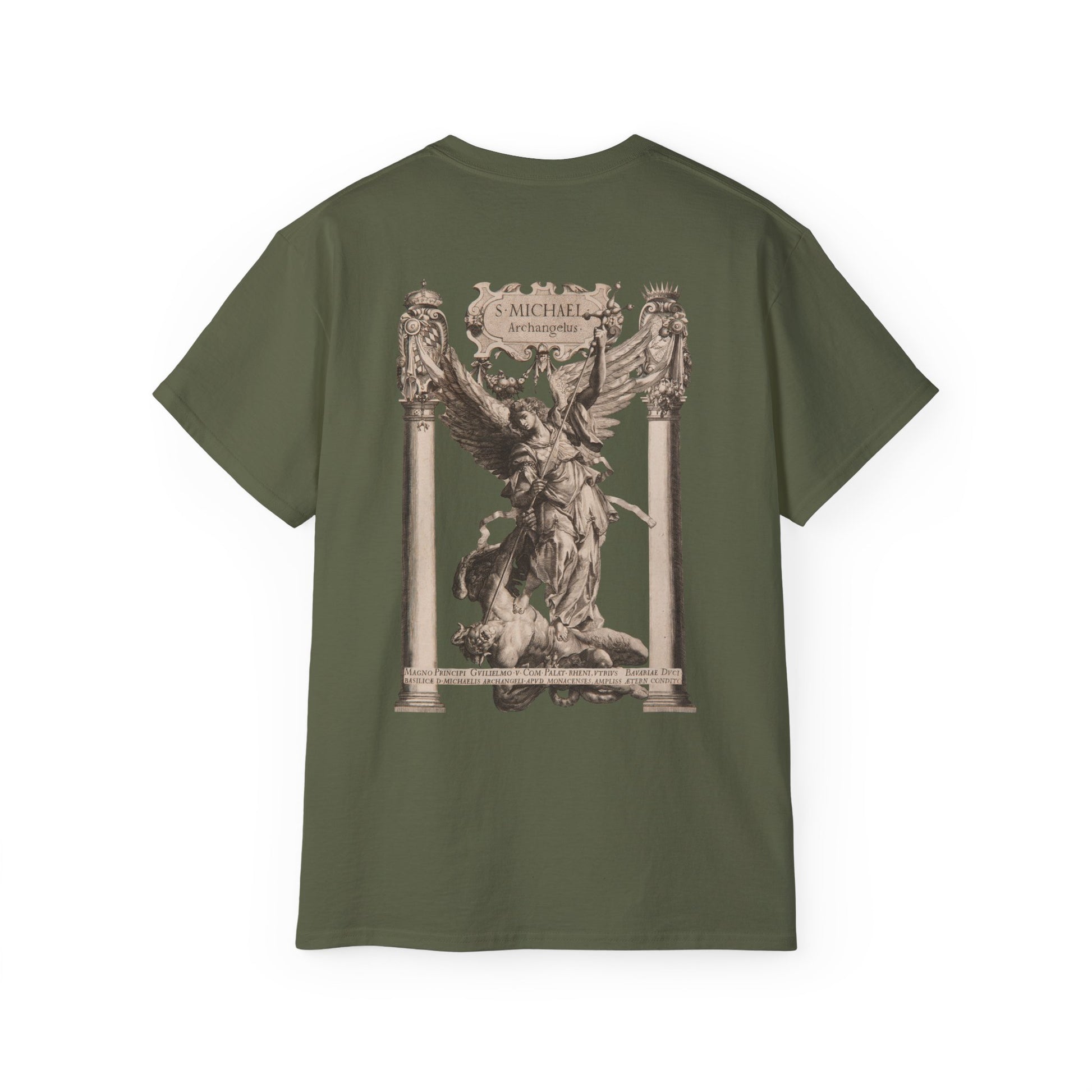 A green t-shirt featuring a graphic print of Saint Michael in in sculpture form in victory.