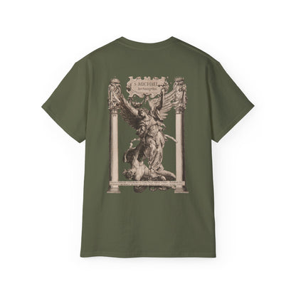 A green t-shirt featuring a graphic print of Saint Michael in in sculpture form in victory.
