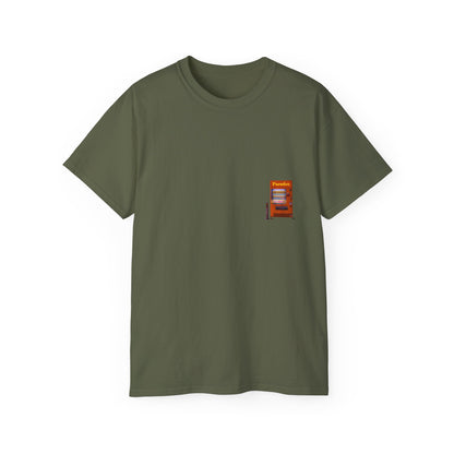 A green t-shirt featuring a graphic print of a vintage coffe vending machine.