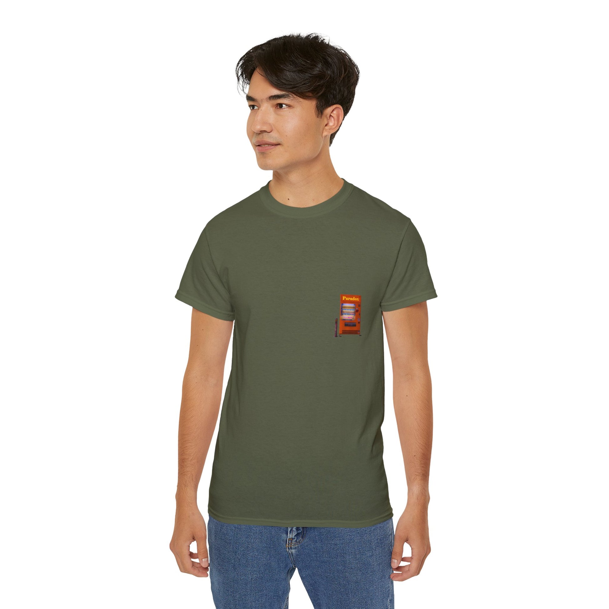 A green t-shirt featuring a graphic print of a vintage coffe vending machine on a male model.