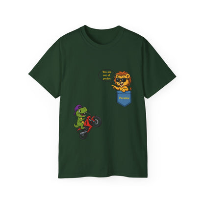 Green t-shirt with a cartoon dinosaur on a motorcycle and a lion saying You are out of pocket.