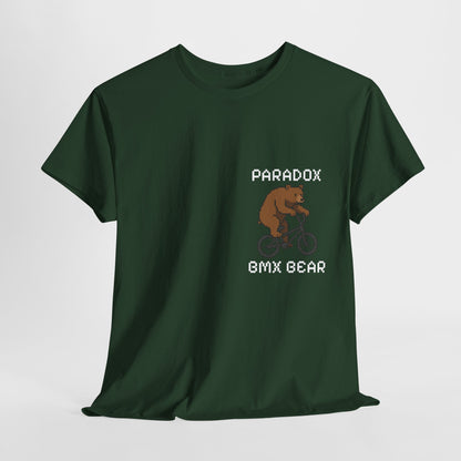 Green t-shirt with a graphic pixel art of a bear on a bmx