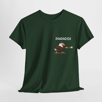 Green t-shirt with a graphic pixel art of an eagle playing baseball