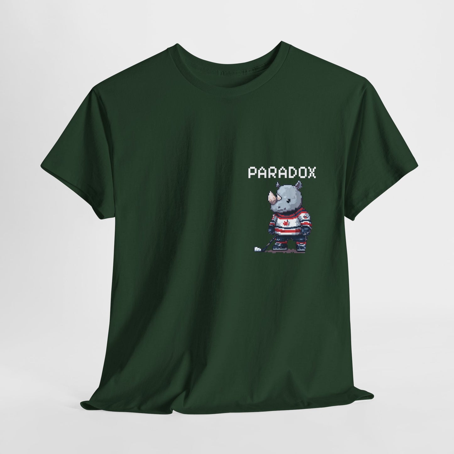 Green t-shirt with a graphic pixel art of a rhino playing ice hockey