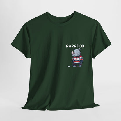 Green t-shirt with a graphic pixel art of a rhino playing ice hockey