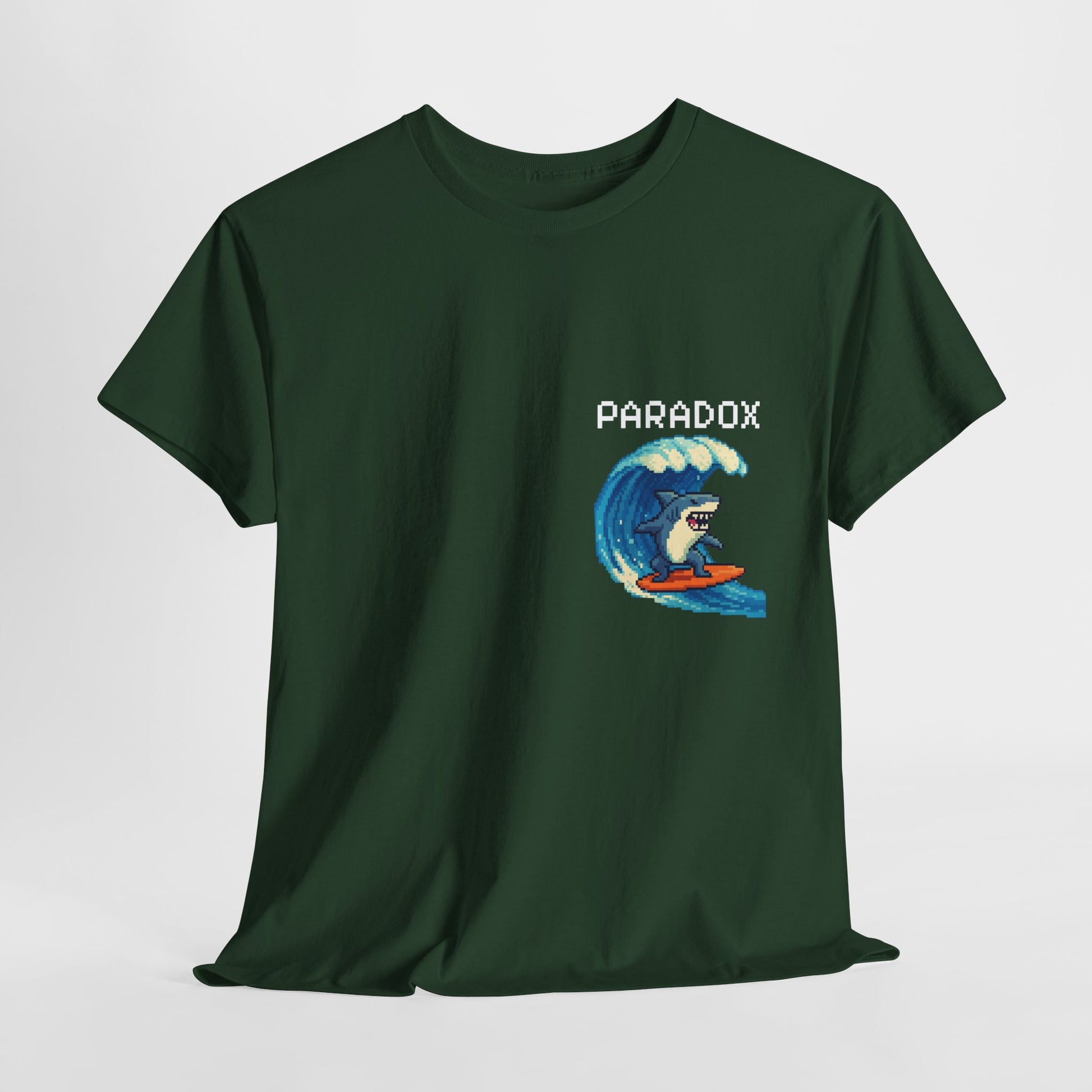 Green t-shirt with a graphic pixel art of a shark surfing