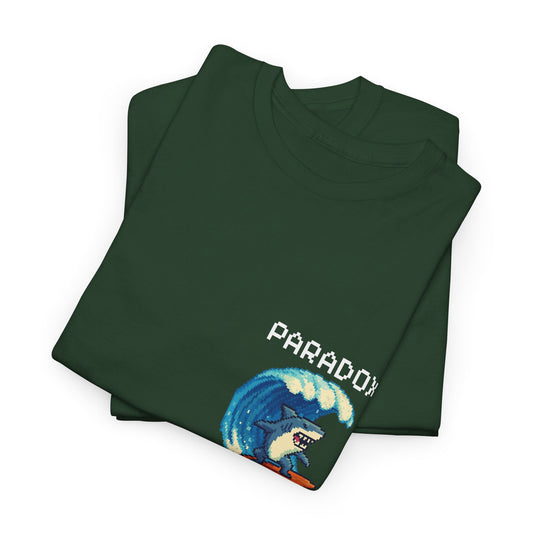 Green t-shirt with a graphic pixel art of a shark surfing close up