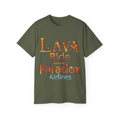 A green graphic t-shirt with the text Lava Ride and Paradox Airlines in stylized font, featuring a cosmic design.