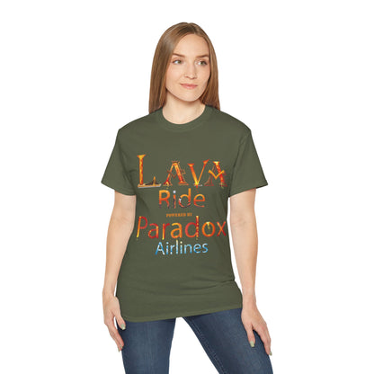 A green graphic t-shirt with the text Lava Ride and Paradox Airlines in stylized font, featuring a cosmic design on a female model.