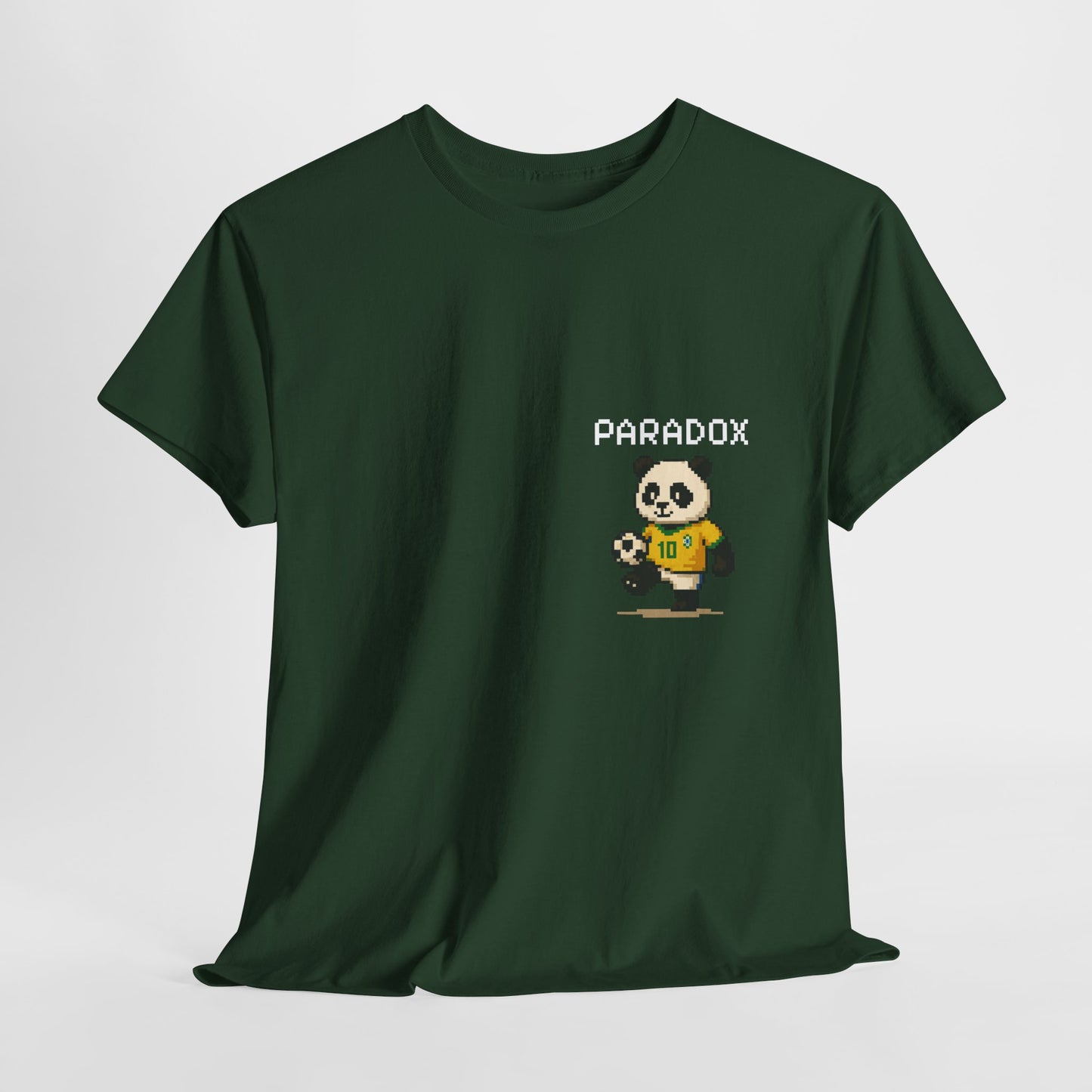 Green t-shirt of a graphic pixel art panda playing soccer on a female model