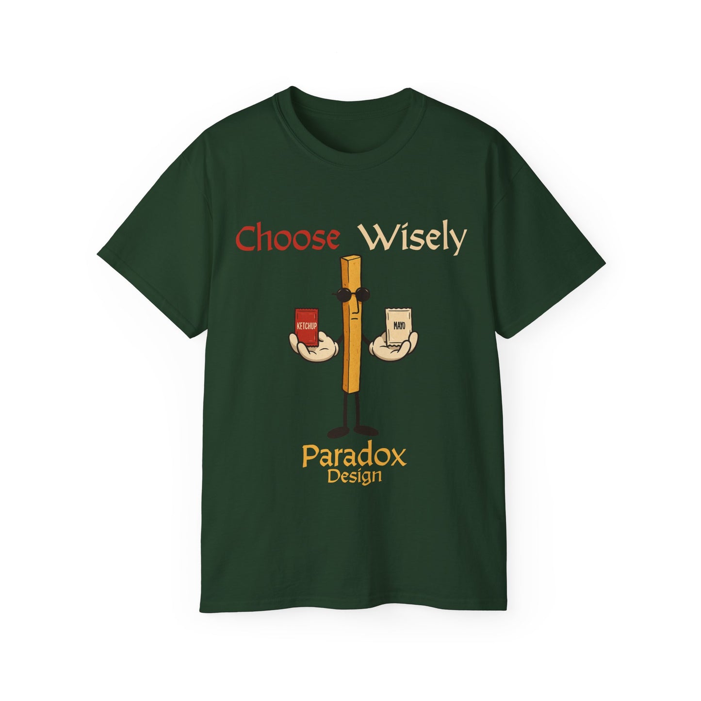 Green t-shirt of fries character holding a pack of ketchup and mayo for the funny debate of which sauce to chose for fries.