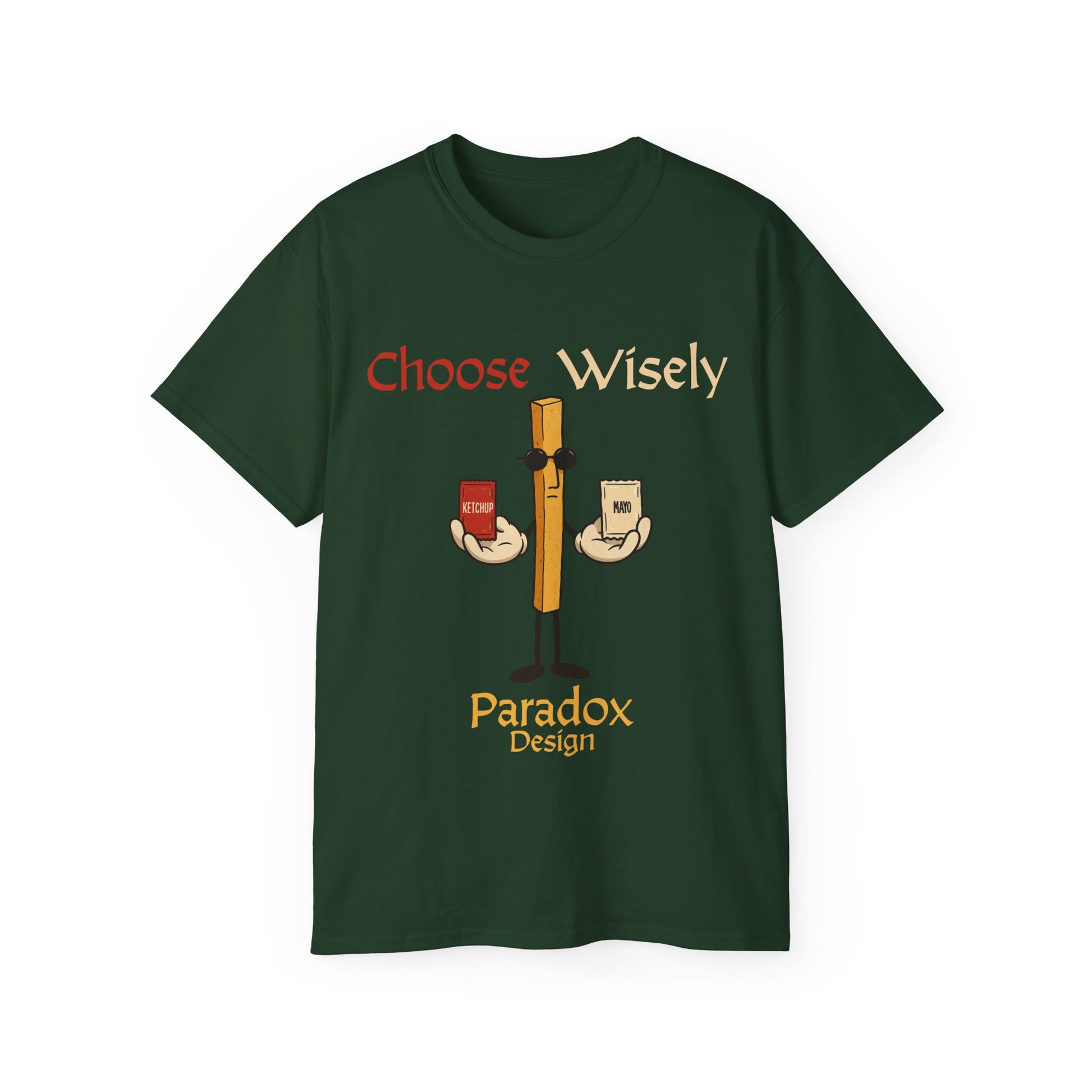 Green t-shirt of fries character holding a pack of ketchup and mayo for the funny debate of which sauce to chose for fries.