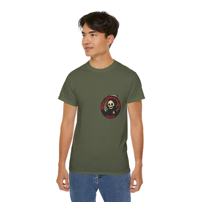 Green t-shirt with a funny design of grim reaper and text What a time to be alive male model