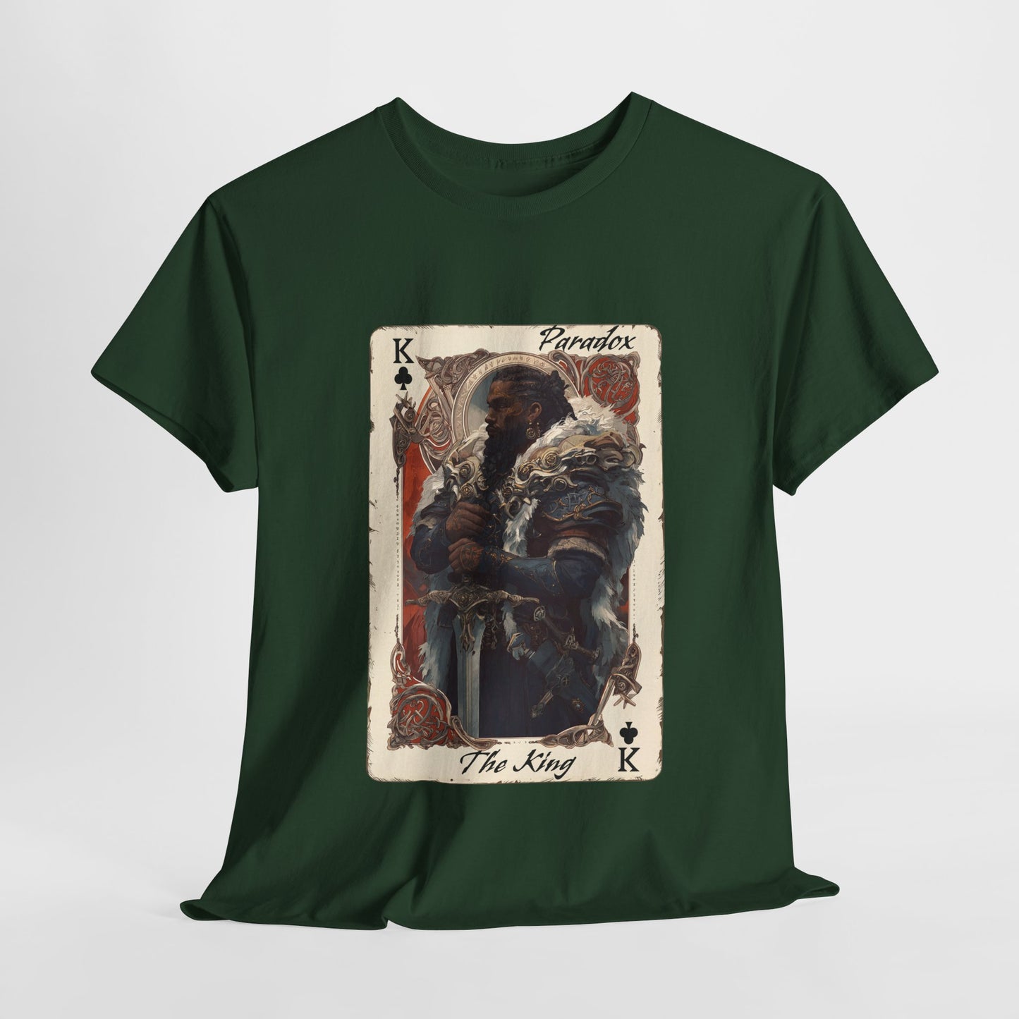 Green t-shirt with a graphic of a king card design on a white background