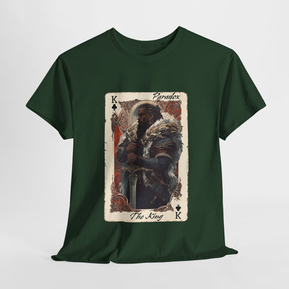 Green t-shirt with a graphic of a king card design on a white background