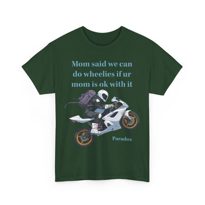 Green  t-shirt with a graphic of a motorcycle with funny text