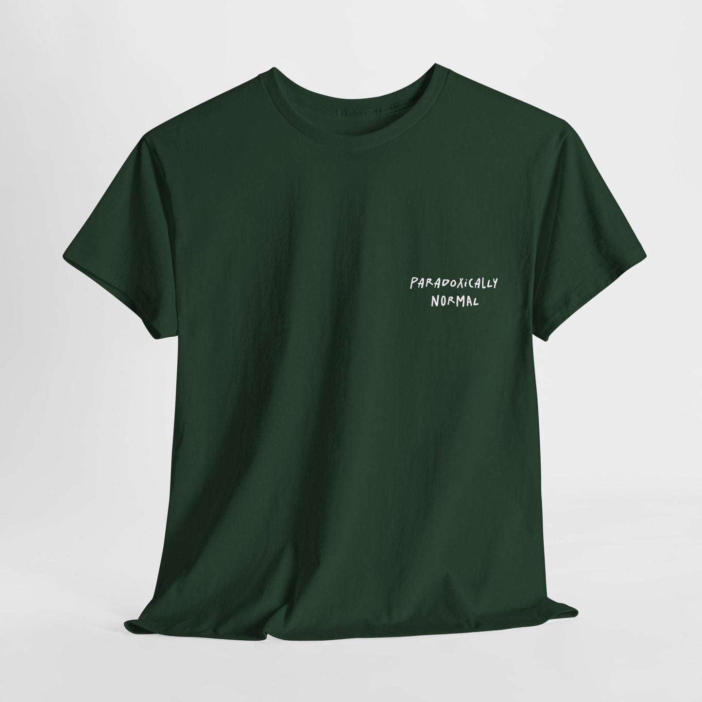 Green t-shirt with a graphic of a text reading 'Paradoxically Normal' 