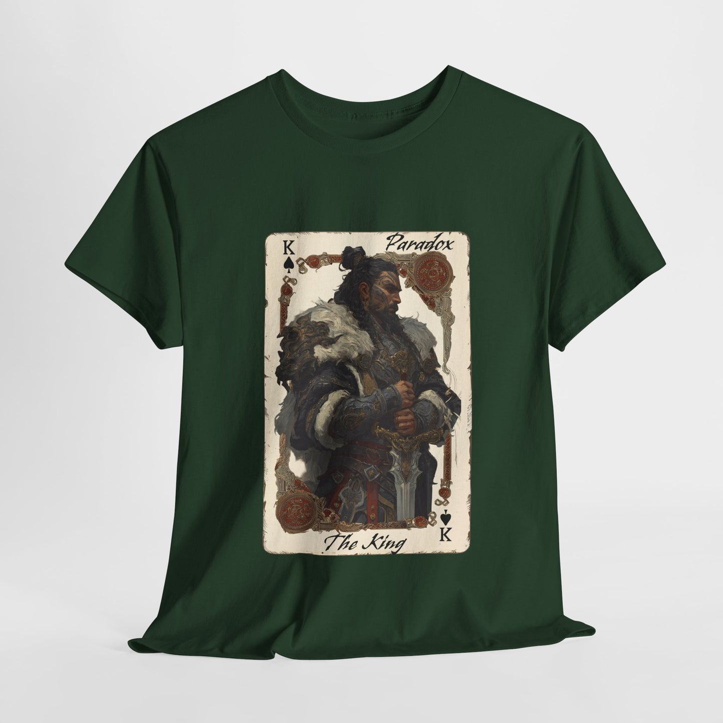 Green t-shirt with a graphic of the King of spades
