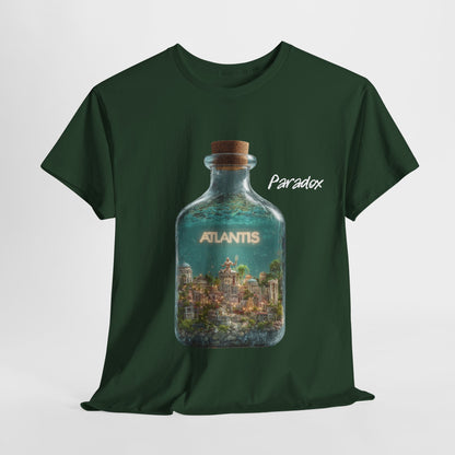 Green t-shirt with a graphic of the city Atlantis.
