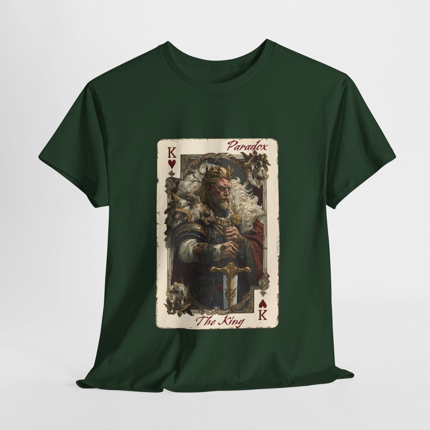 Green t-shirt with a graphic of the king of hearts on a male model
