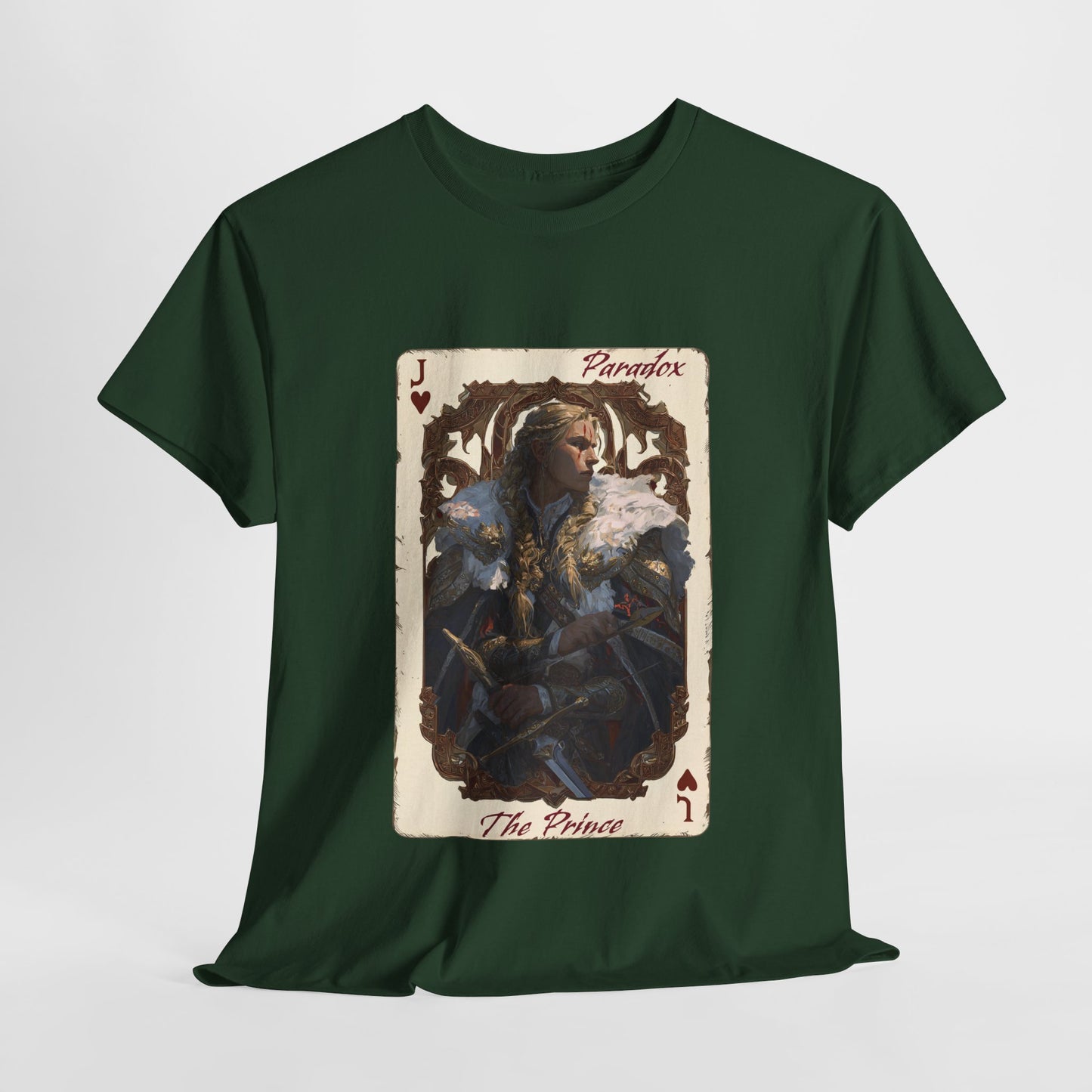 Green t-shirt with a graphic of the prince of hearts