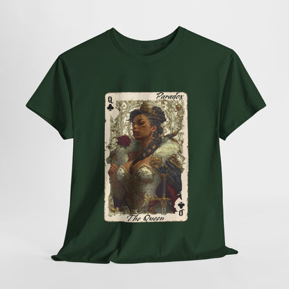 Green t-shirt with a graphic of the queen of clubs