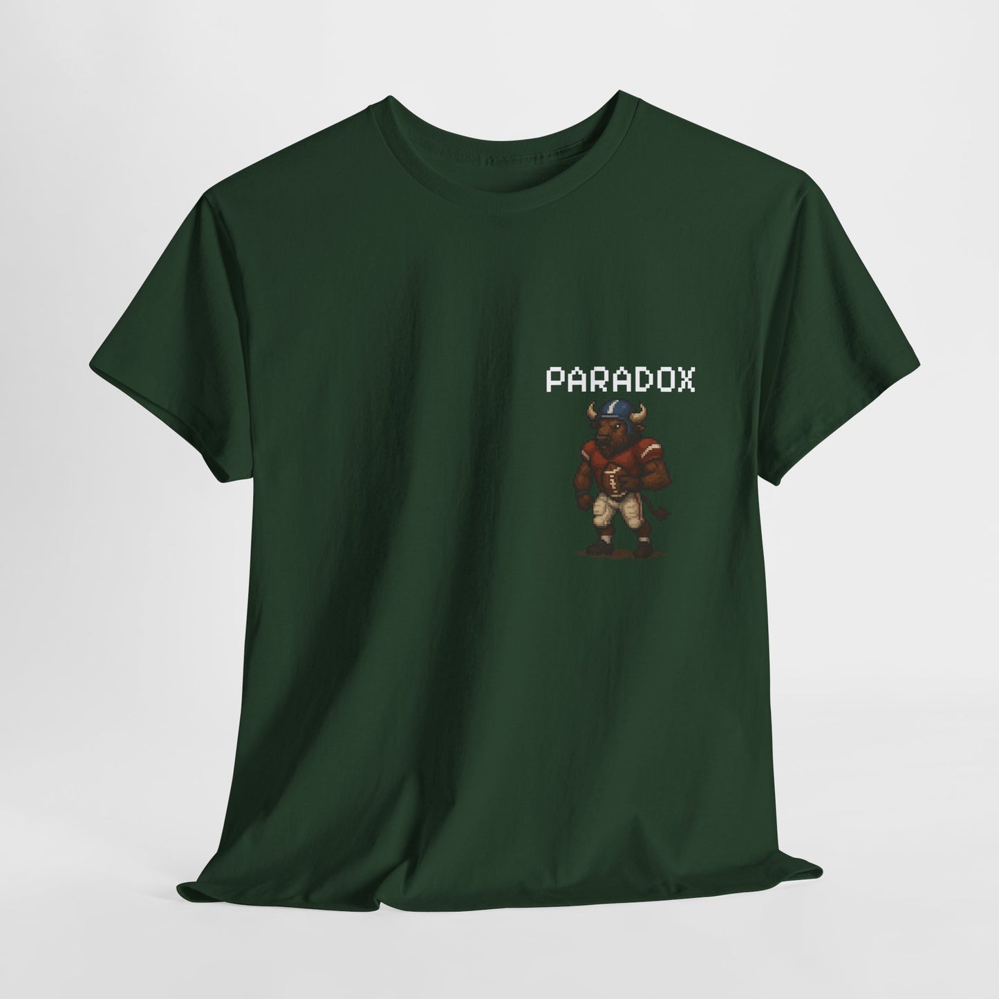 Green t-shirt with a pixel graphic of a buffalo playing football NFL