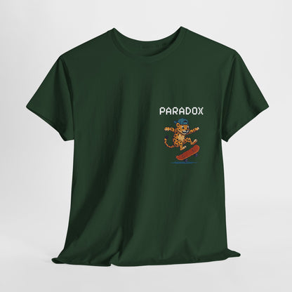 Green t-shirt with a pixel graphic of a leopard skateboarding