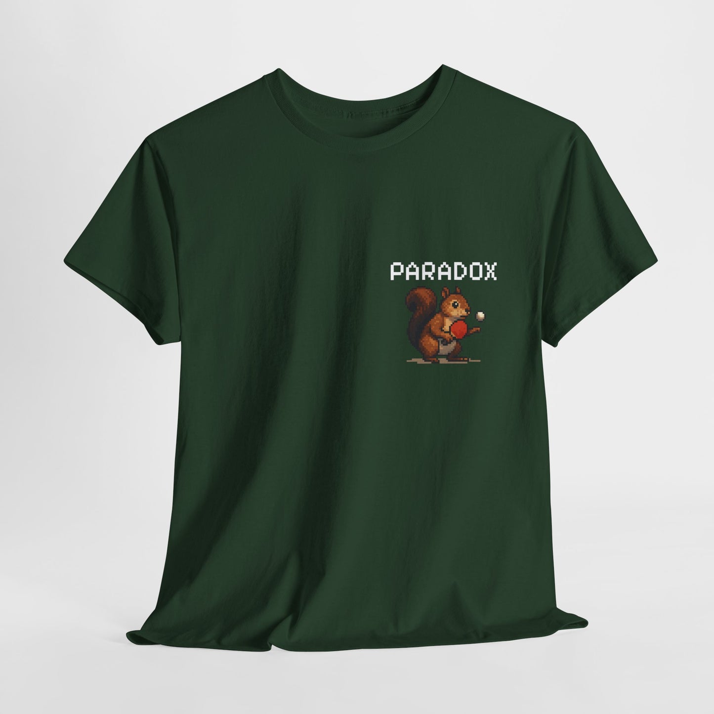 Green t-shirt with a pixel graphic of a squirrel playing ping pong
