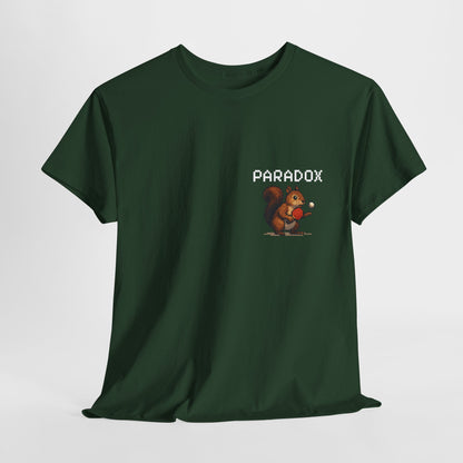 Green t-shirt with a pixel graphic of a squirrel playing ping pong