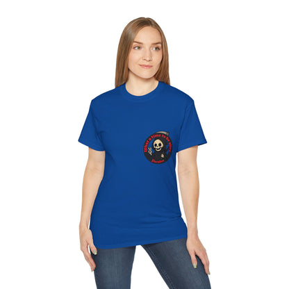  Light blue t-shirt with a funny design of grim reaper and text What a time to be alive female model