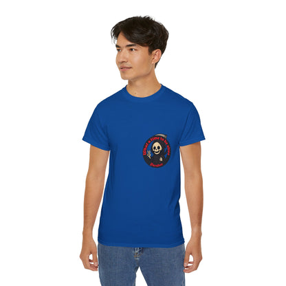 Light blue t-shirt with a funny design of grim reaper and text What a time to be alive male model