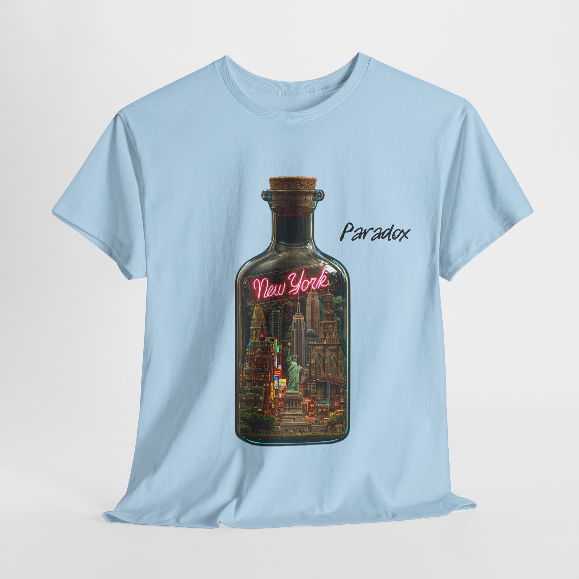 Light blue t-shirt with a graphic of a city featuring New York