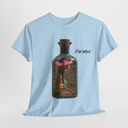 Light blue t-shirt with a graphic of a city featuring New York