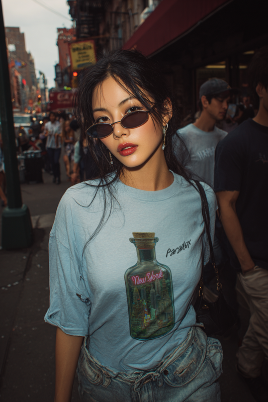 Light blue t-shirt with a graphic of a city featuring New York on a female model