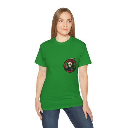 Light green t-shirt with a funny design of grim reaper and text What a time to be alive female model