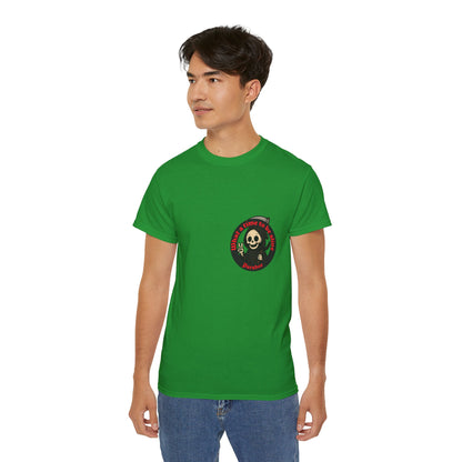  Light green t-shirt with a funny design of grim reaper and text What a time to be alive male model
